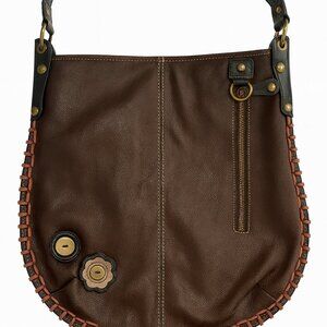 Chala Leather Hobo Shoulder Bag Brown Whipstitch Flower Appliqué Large-I006